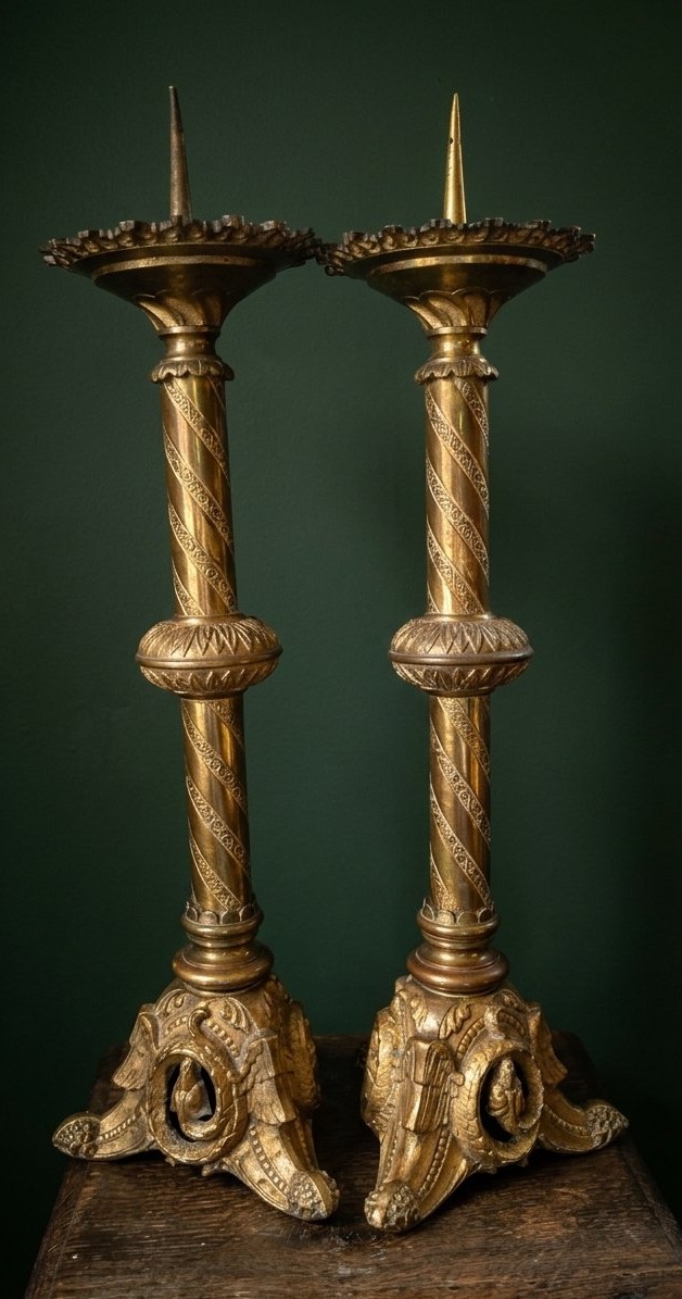 Pair Of Gilded Bronze Church Candlesticks With Dragon Motifs, 19th-century Historicist Style 
