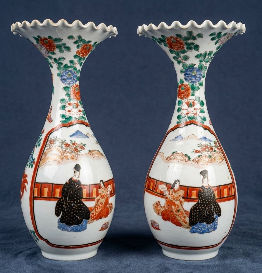 Paire de Vases Porcelaine Décor de Scènes de personnages & Fleurs Asie Japon XIXe 