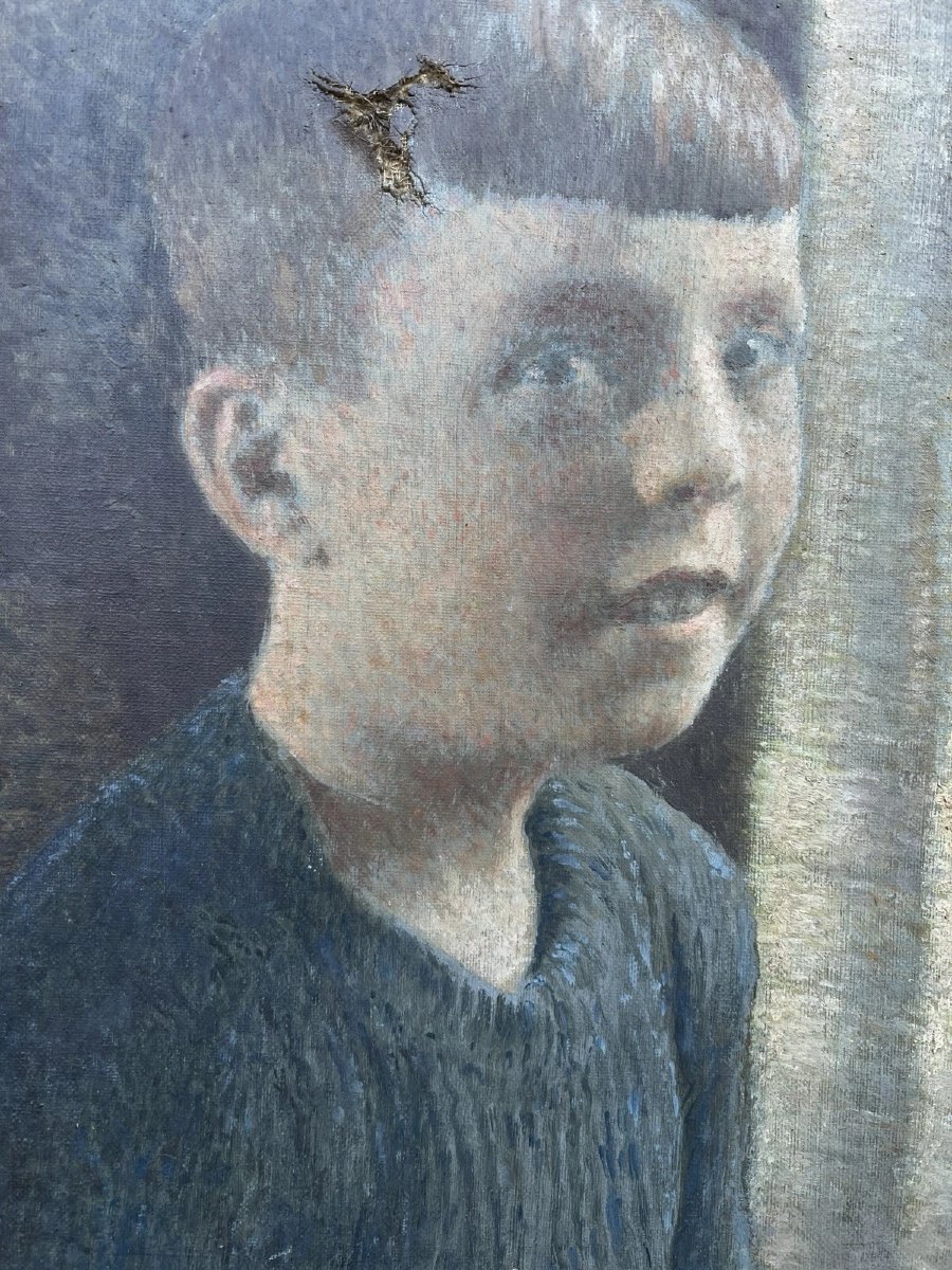 Portrait Of A Young Boy: Pointillist, Pointillism, 1920–30, Oil On Canvas, Signed-photo-2
