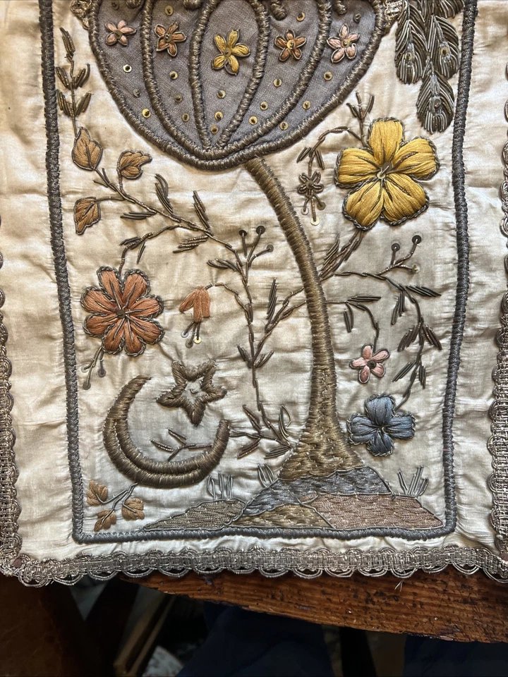 Paire de Broderies en Canetille sur Soie XIXe Tradition Judaïque (Séfarade) Eglises d'Orient-photo-4