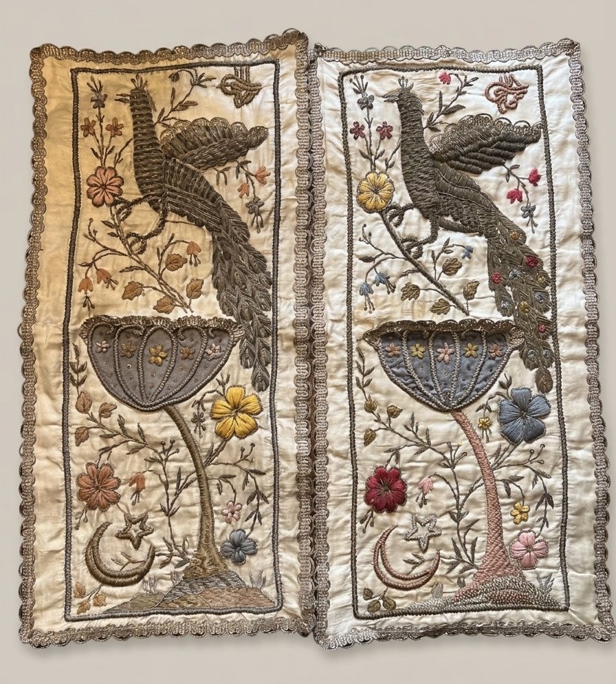 Paire de Broderies en Canetille sur Soie XIXe Tradition Judaïque (Séfarade) Eglises d'Orient