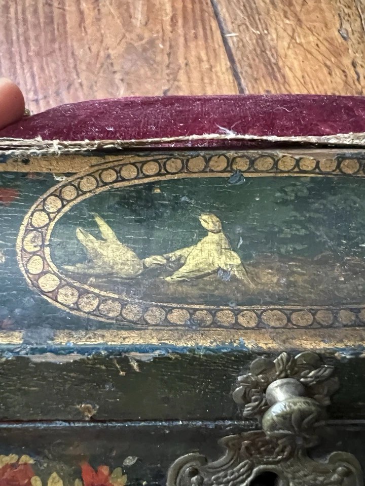 18th-century Painted Wooden Sewing Box With Doves—wedding Gift-photo-4