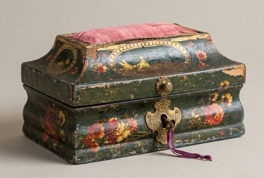 18th-century Painted Wooden Sewing Box With Doves—wedding Gift
