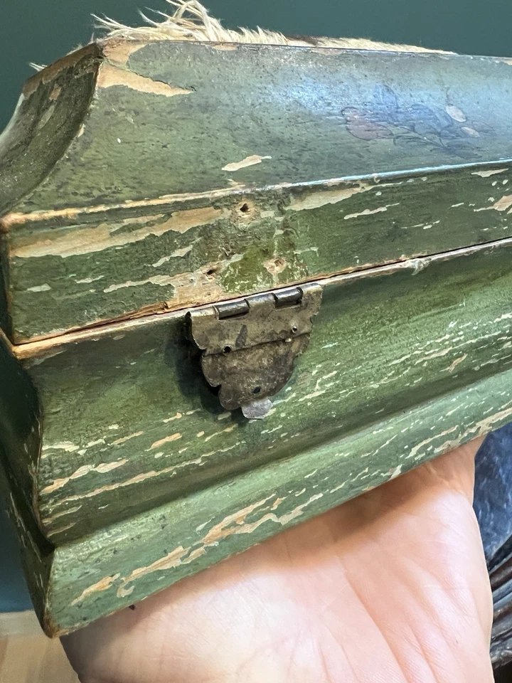 Boite à Couture Bois Peint Fleur sur Fond Vert XVIIIe siècle-photo-3