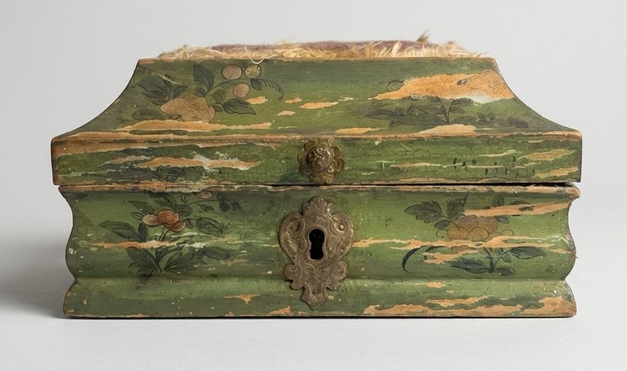 Boite à Couture Bois Peint Fleur sur Fond Vert XVIIIe siècle