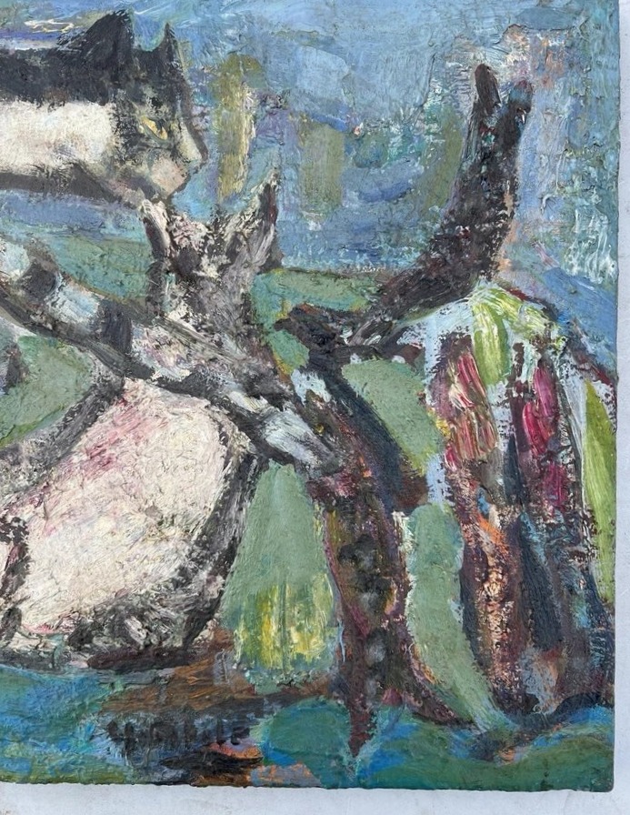 Yvette Alde (1911–1967)  Cat And Fish Genre Scene Animals Oil On Canvas 20th Century-photo-2