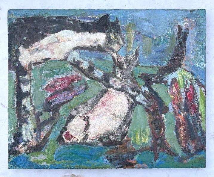 Yvette Alde (1911–1967)  Cat And Fish Genre Scene Animals Oil On Canvas 20th Century