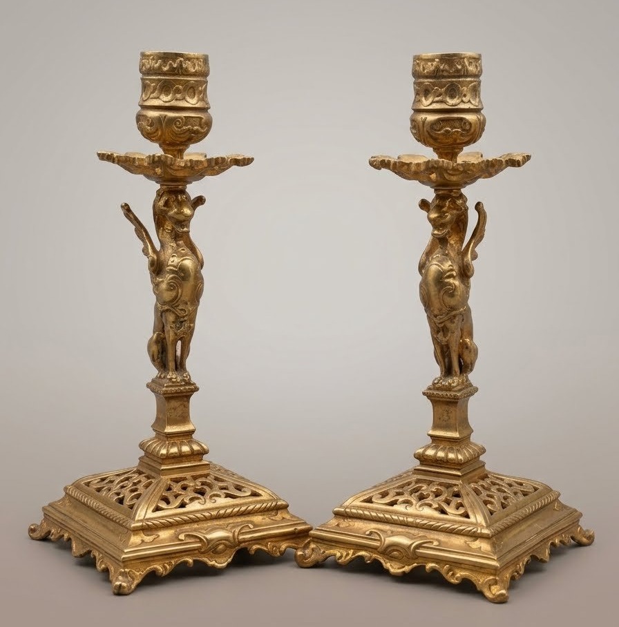 Paire de Bougeoirs à Décor de Chimères Bronze XIXe siècle Style Historiciste
