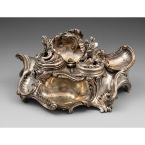 Important 19th Century Rococo Rocaille Style Silver Plated Bronze Desk Inkwell