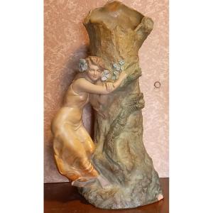 Pierre Etienne Campagne Painted Terracotta Sculpture Of A Young Girl Leaning On A Tree 