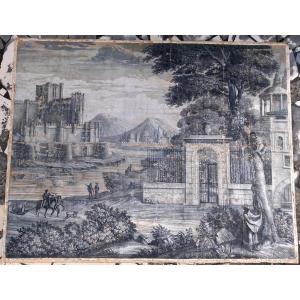 Panorama Le Château de Coca, de la Suite de "Vues d'Espagne" Papier Peint en Grisaille XIXe