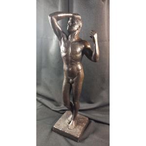 Statue Homme Nu Athlète Sculpture Terre Cuite Patinée XXe Austin Prod 1965 Vintage