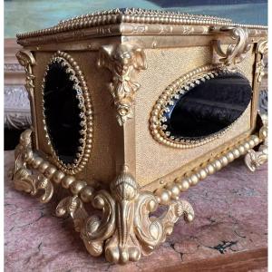 Nicolas Morfau Coffret Bijoux Métal Doré XIXe Epoque Napoléon III Verres Noir