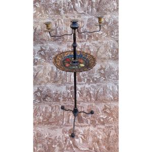 Gueridon en Métal Porte Lumière XIXe Corbeille en Papier Maché Peinte et Dorée