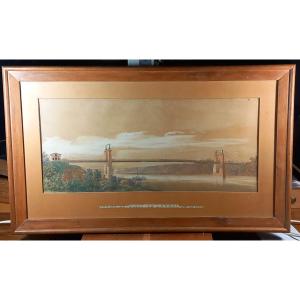 Panoramic View Of The Layrac Bridge Over The Tarn (haute-garonne) 19th Century Drawing