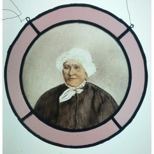 Augustin Louis Calmels Of Carmaux Portrait Of A Woman Painted On Glass And Framed In Stained Glass