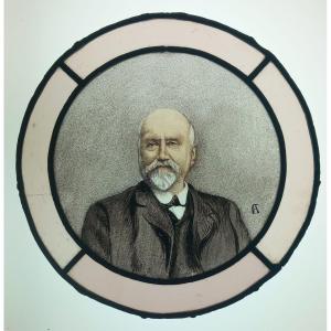 Augustin Louis Calmels Of Carmaux Portrait Of A Man Painted On Glass And Framed In Stained Glass