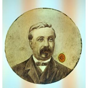 Augustin Louis Calmels Of Carmaux Portrait Of A Man Painted On Glass And Framed In Stained Glass