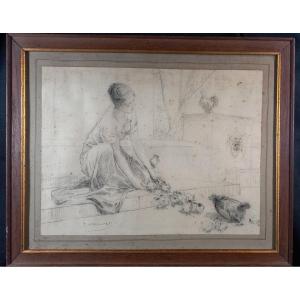 Diogenes Maillart, Young Girl, Hens And Chicks At The Fountain, 19th Century Drawing