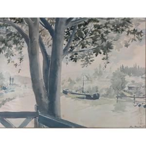 Henry-Julien DETOUCHE 1854-1913 La Seine à Bas Meudon Issy Les Moulineaux Paris Aquarelle 1878
