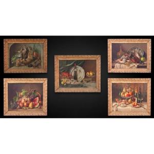 Suite Of Five Still-lifes In Chromolithographs Framed 19th Century Game Fish Crustaceans