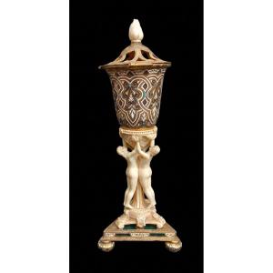 Three Graces Perfume Burner Ivory And Enameled Bronze 19th Century