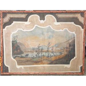 Painted Canvas With Landscape Décor Door Overlay 18th Century Italy