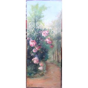 Canvas Painting With Floral Decoration In A Park Alley, 19th Century