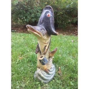 Tirelire Zoomorphe en Papier Mâché XIXe Siècle Brochet Poisson Garde-Pêche Tronc de Commerce