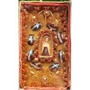 Reliquaire En Trompe l'Oeil Livre Reliuretextile Fin XVIIIe Siècle 8 Reliques Paperolles