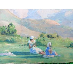 Neville Bulwer-Lytton (1879–1951) Pique Nique dans les Alpes à Annecy Savoie Gouache sur Papier