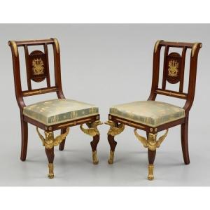 Paire de Chaises Acajou et Bronze Doré Style Empire, fin XIXe Siècle Edmond Kahn & Co Londres