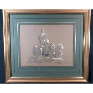 Dessin de la Fontaine de Cybèle au Prado à Madrid Pierre noire rehauts de blanc 1850