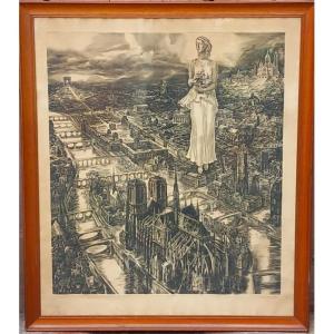 Albert Decaris Engraving "allegory Of Paris" Monuments, Mid-20th Century