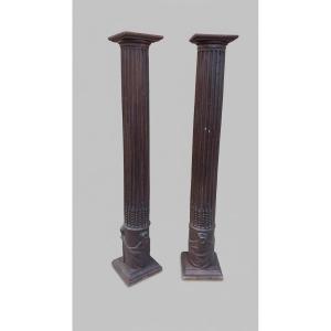 Pair Of Fluted And Rudenté Columns With A Base Decorated With Drapery, 17th Century
