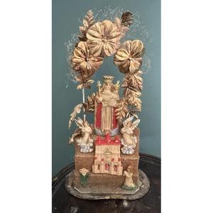 Vierge à l'Enfant en Pate à Sel sous Globe Travail de Couvent Art Populaire XIXe 