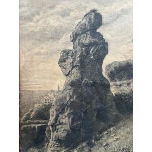 André GUERS Paysage au Rocher dans l'Aveyron (Millau)  Signé et daté 1906