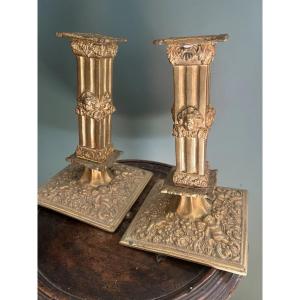 Pair Of "a La Financière" Candleholders, Bronze, 19th Century