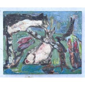 Yvette Alde (1911-1967) Chat et Poisson Scène de Genre Animaux Huile sur Toile XXe