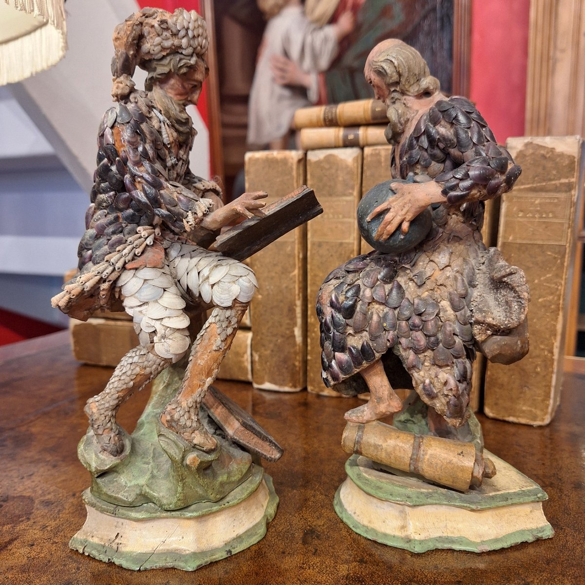 Pair Of Painted Lindenwood Statuettes, Decorated With Seashells — Probably Italy, Circa 1750-photo-2