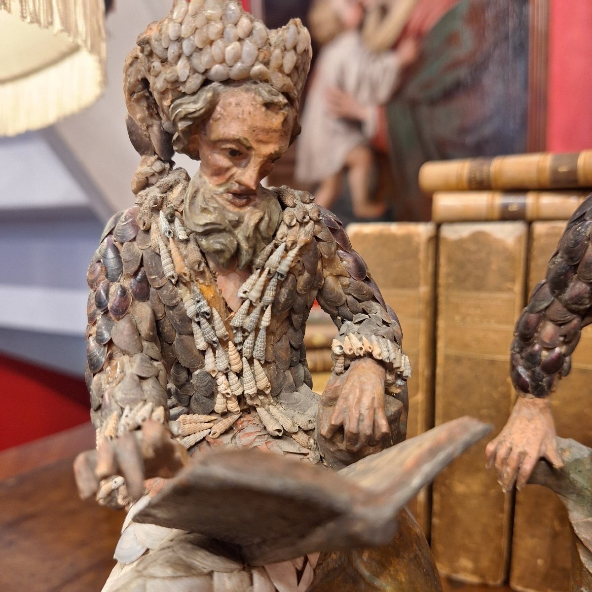 Pair Of Painted Lindenwood Statuettes, Decorated With Seashells — Probably Italy, Circa 1750-photo-1
