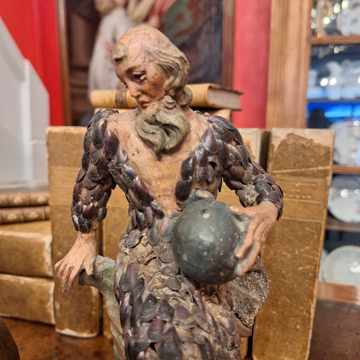Pair Of Painted Lindenwood Statuettes, Decorated With Seashells — Probably Italy, Circa 1750-photo-2