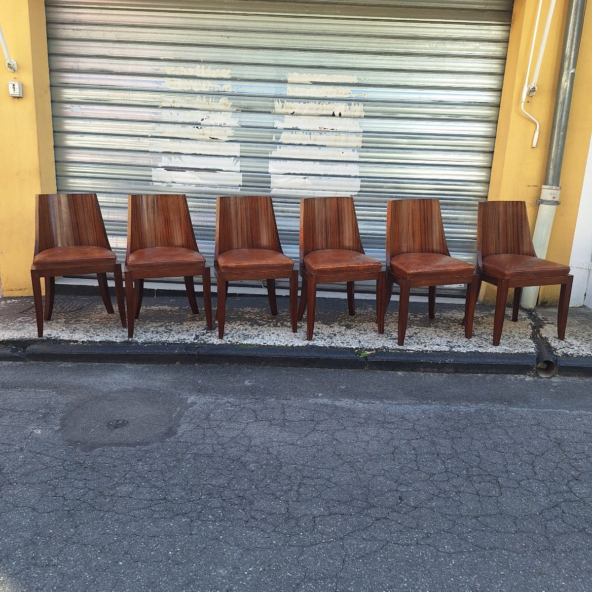 Set Of 6 Art Deco Chairs — Rosewood With Original Leather Seats — France, Circa 1930-photo-2