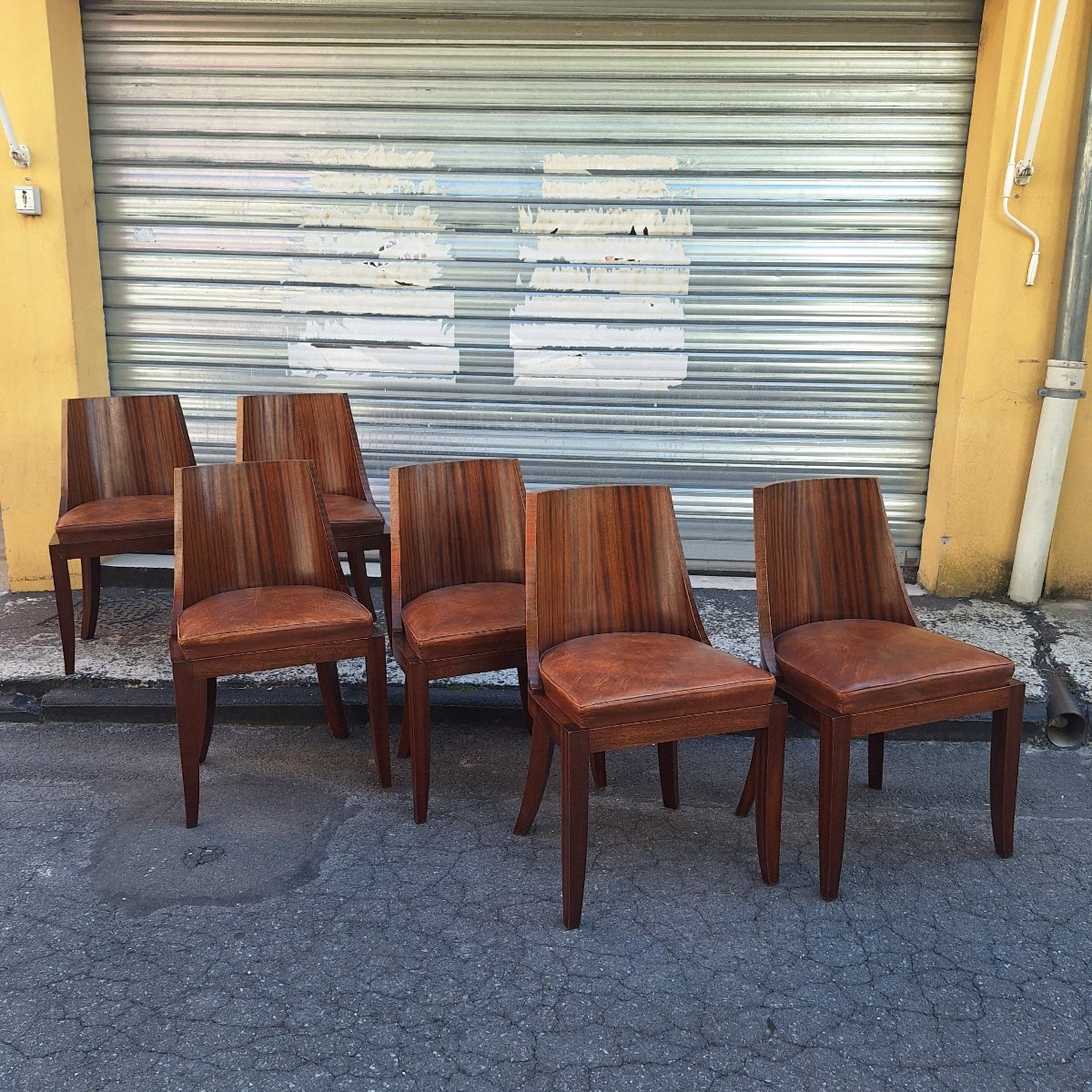 Set Of 6 Art Deco Chairs — Rosewood With Original Leather Seats — France, Circa 1930-photo-3
