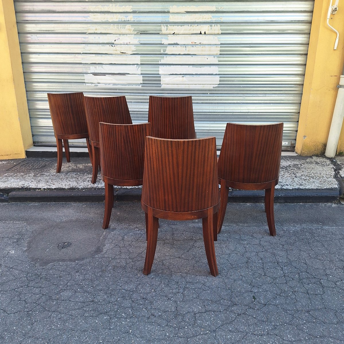 Set Of 6 Art Deco Chairs — Rosewood With Original Leather Seats — France, Circa 1930-photo-2
