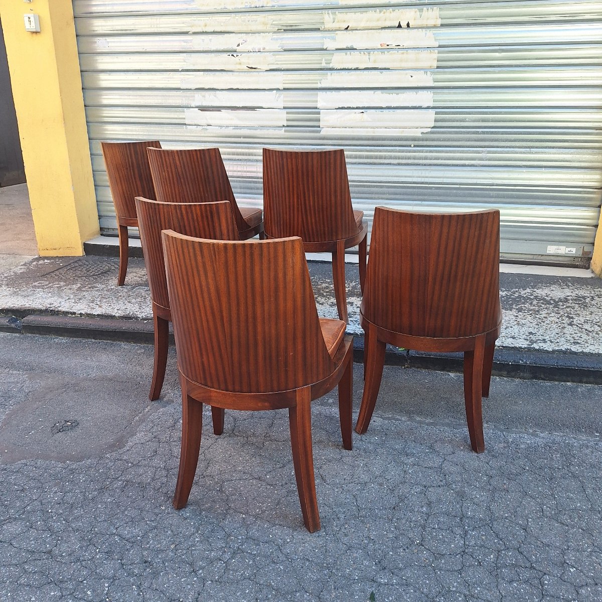 Set Of 6 Art Deco Chairs — Rosewood With Original Leather Seats — France, Circa 1930-photo-3