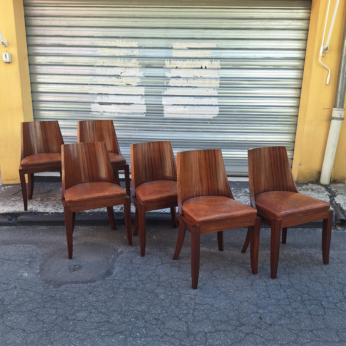Set Of 6 Art Deco Chairs — Rosewood With Original Leather Seats — France, Circa 1930