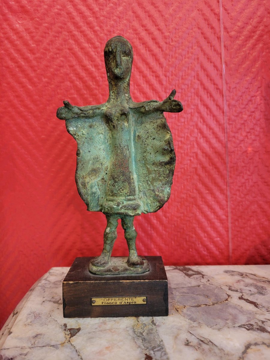 Franco d'Aspro (1911-1995)-"offerente", Bronze Sculpture With Excavated Patina.