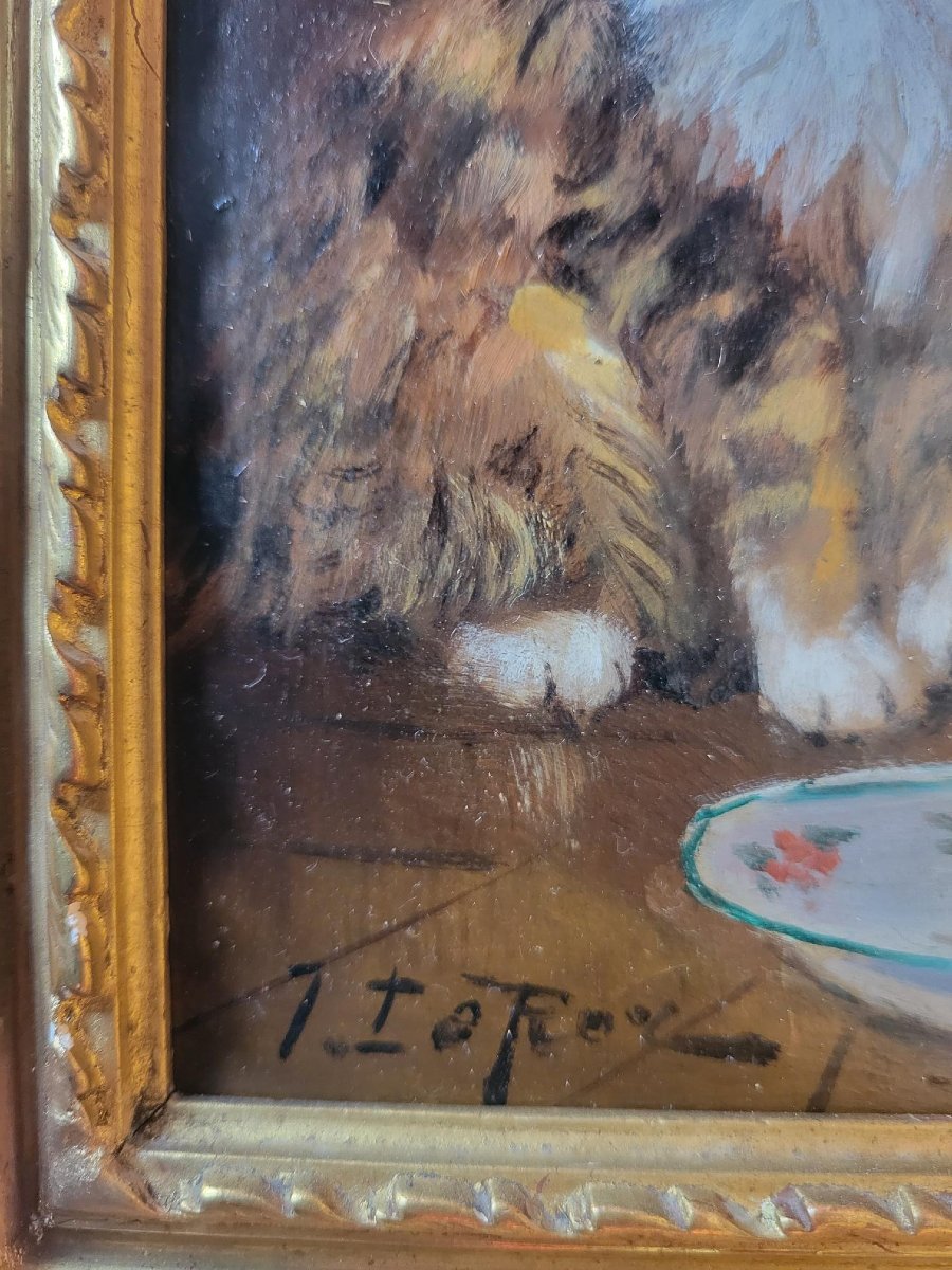 Jules Leroy (1853-1921), portrait de deux chatons, huile sur bois, cadre en bois doré.-photo-3