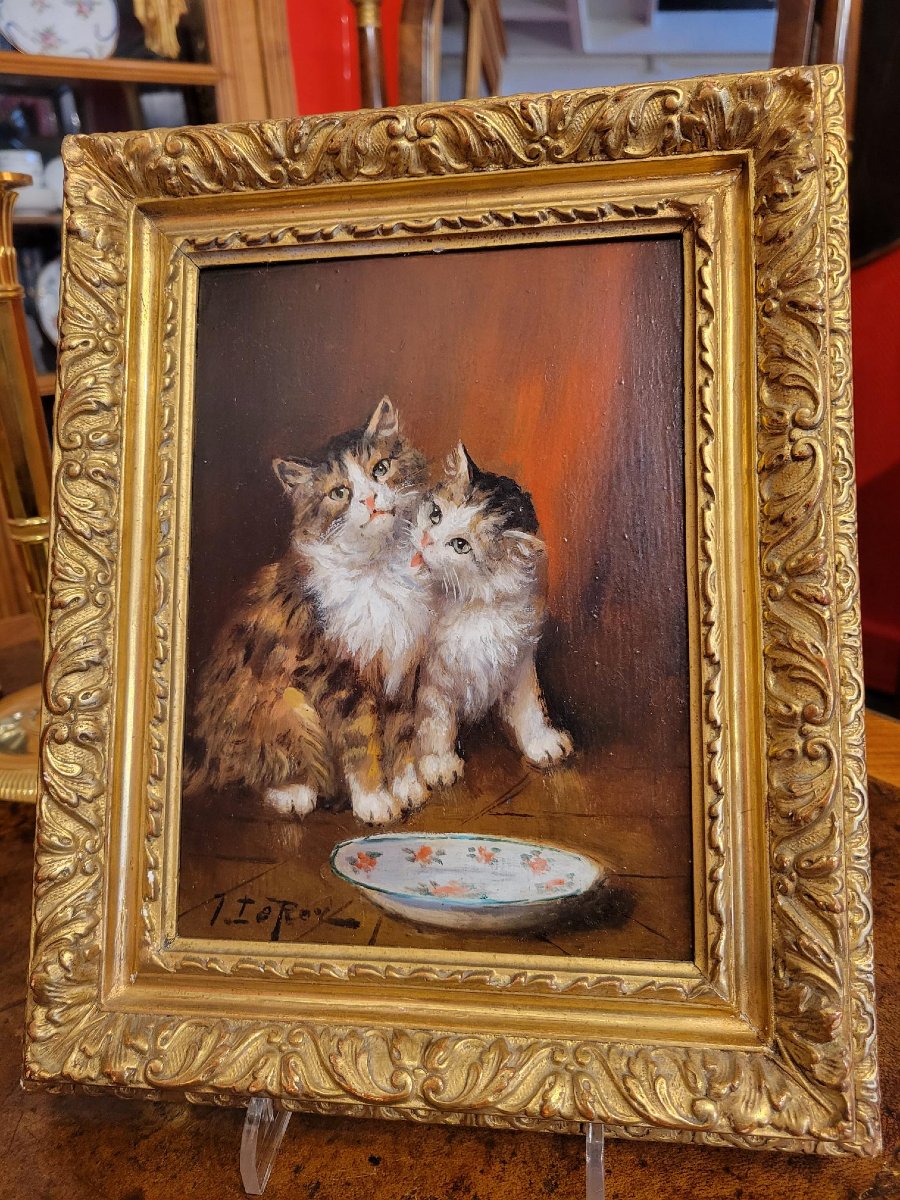 Jules Leroy (1853-1921), portrait de deux chatons, huile sur bois, cadre en bois doré.